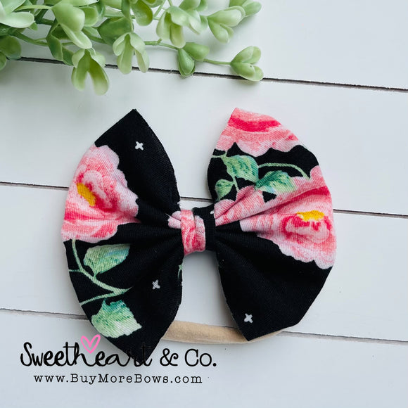 Black Floral Fabric Bow Baby Headband