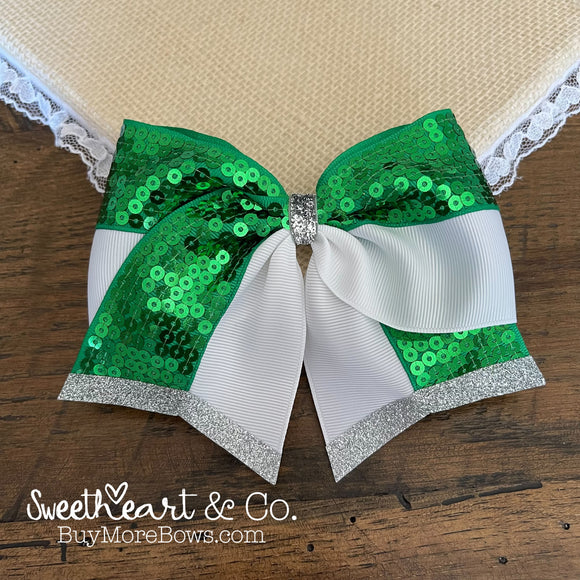 Green & White Sparkle Cheer Bow