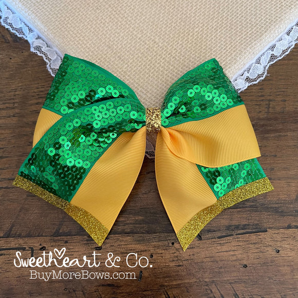 Green & Gold Sparkle Cheer Bow
