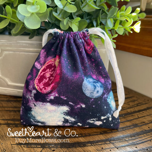 Purple Glitter Galaxy & Planets Drawstring Bag
