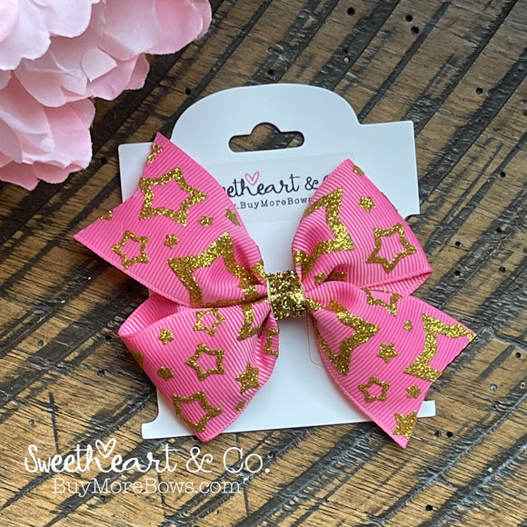 Gold Glitter Stars on Pink Hair Bow