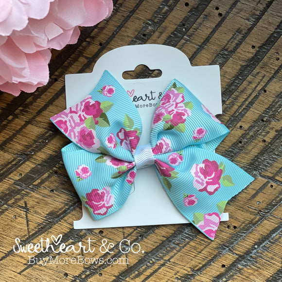 Pink Roses on Blue Hair Bow