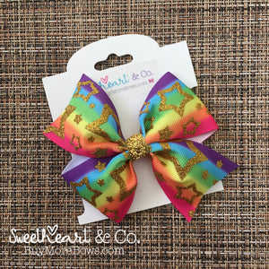 Rainbow & Gold Glitter Stars Hair Bow