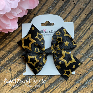 Gold Glitter Stars on Black Hair Bow