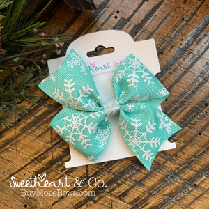 Aqua Snowflakes Hair Bow