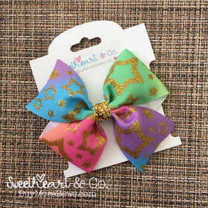 Ombré Rainbow & Gold Glitter Stars Hair Bow