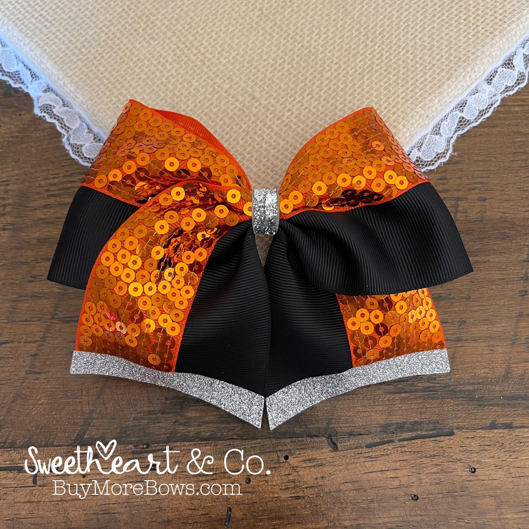 sublimation orange and black glitter rhinestone cheer bow