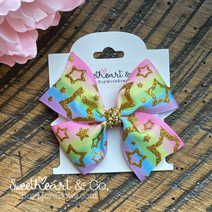 Pastel Rainbow w/Gold Glitter Stars Hair Bow