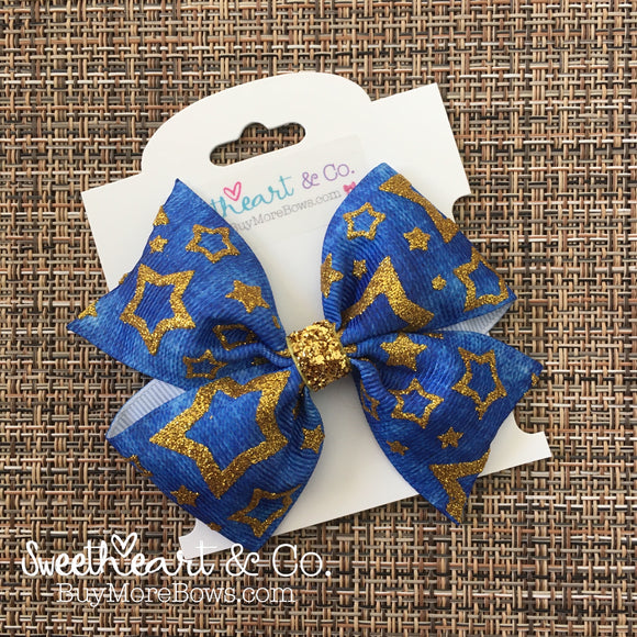 Denim & Gold Glitter Stars Hair Bow